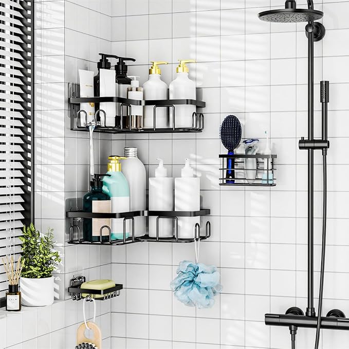 Moforoco 5-Pack Shower Caddy, L-Shaped, 10.2in Diameter, 90-Degree Right Angle, Rustproof, Easy Installation, 12 Hooks, Soap Holder, Adhesive Corner Shower Organizer, Black