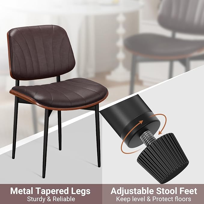 Dining Chairs Set of 8, Mid-Century Modern Upholstered PU Leather Chairs with Walnut Bentwood Back and Metal Legs Adjustable Feet for Kitchen Dining Room, Dark Brown Shell Strips