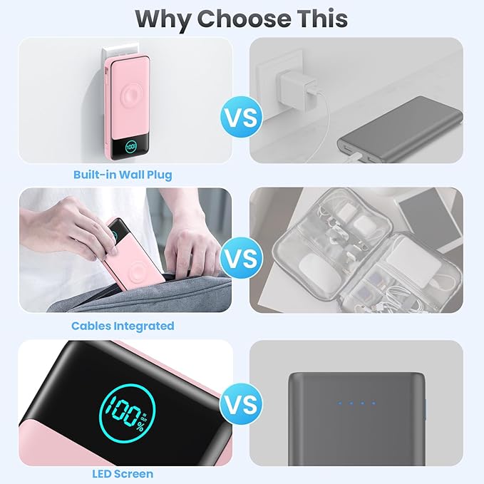 Portable Charger 26800mah for iPhone with Built-in Cables & AC Wall Plug,6-in-1 USB C Power Bank with iWatch Charger,25W PD Fast Charging Battery Pack for iPhone 16/15/14/13/12,Android,Apple Watch etc