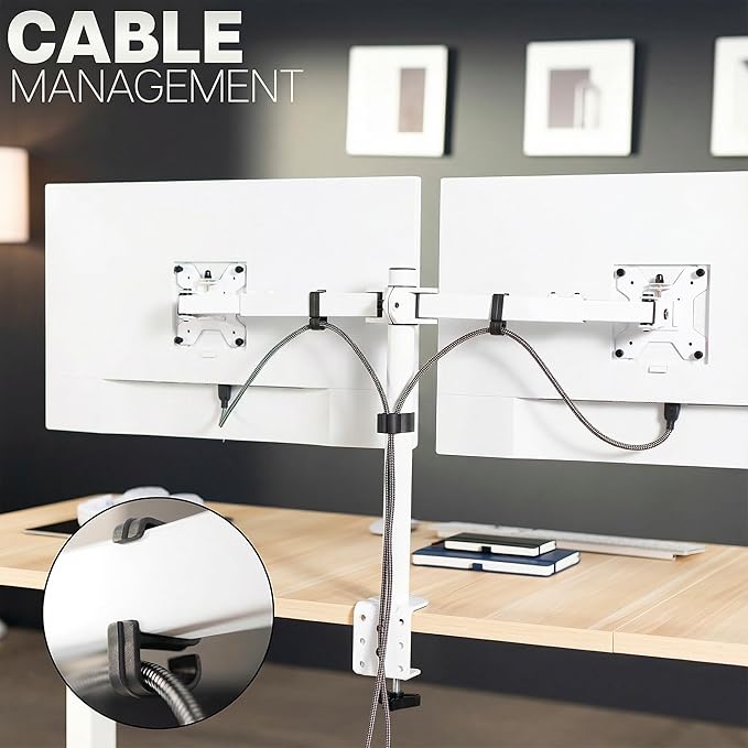 VIVO Dual LCD LED 21 to 32 inch Monitor Desk Mount, Heavy Duty, Adjustable Telescoping Arms, Flush Wall Setup, Fits 2 Screens, White, STAND-V002EW