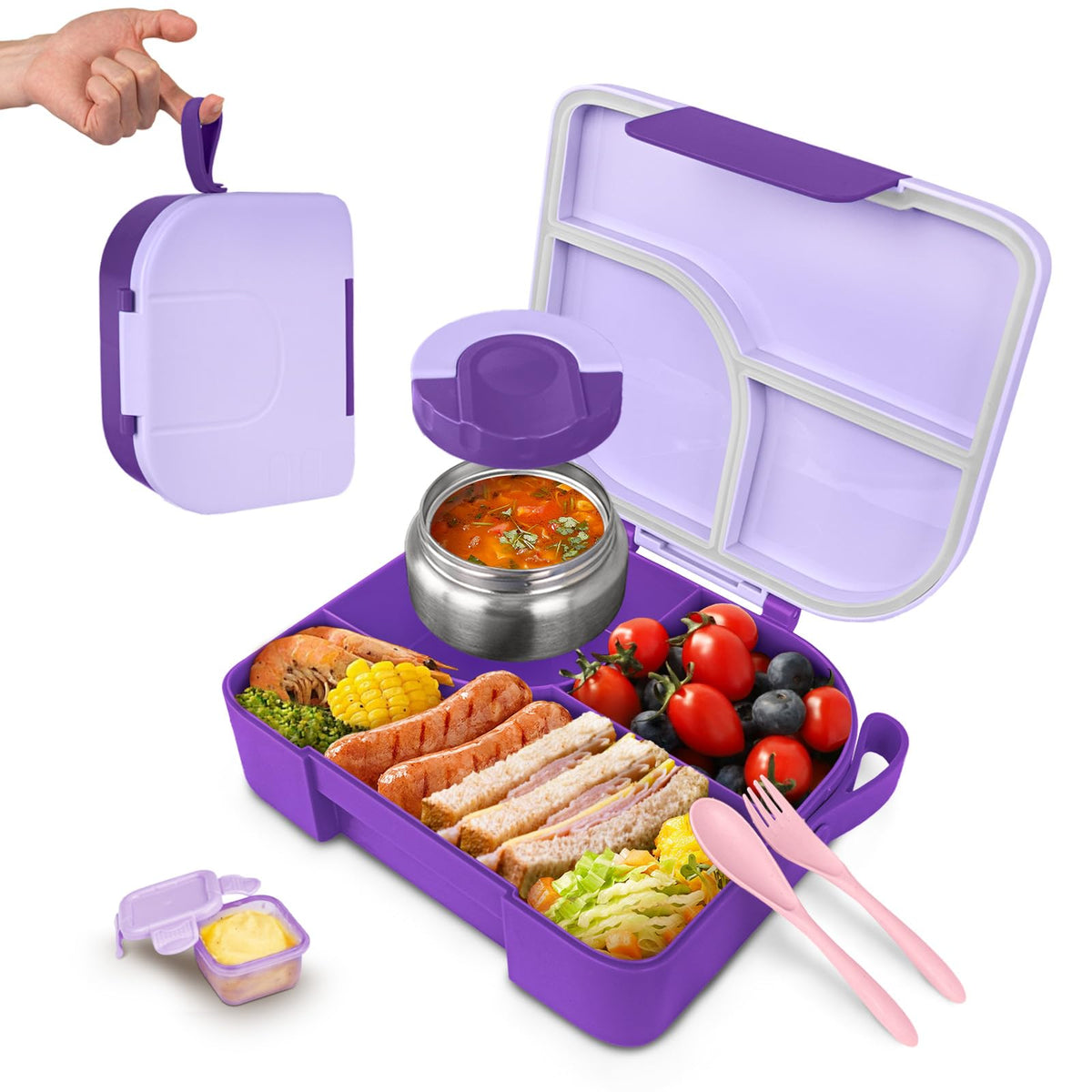 Lunch Box with Thermo Jar, Large-Capacity 3-Compartment Bento Box, Black