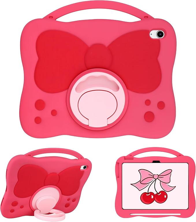 VOFUOE for iPad A16 Case Kids iPad 11th/10th Generation Case 11 Inch 2025 | Cute Bow Soft Silicone iPad 10th Cover 10.9 Inch 2022 for Girls Built-in Handle Rotatable Stand Pencil Holder-Pink Purple