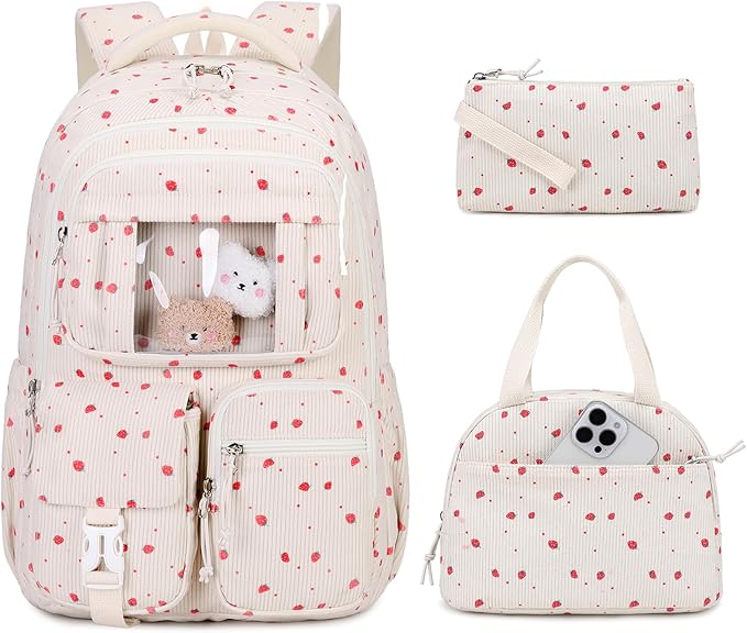 Corduroy Backpack 3PCS Kids Backpack for Girls School Bags for Middle School Students Book Bag for Elementary Primary Kawaii Ita Backpack with Lunch Box Pencil Case Set, Beige Strawberry