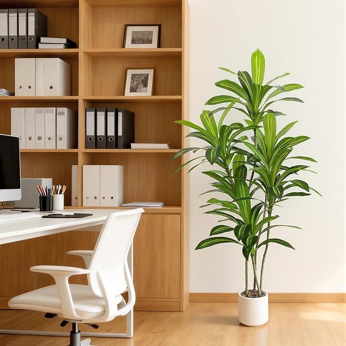 Artificial Dracaena Tree 5FT Tall, Realistic Faux Indoor Floor Plant for Home & Office Decor, White Round Planter with Decorative Stones – UPBUD