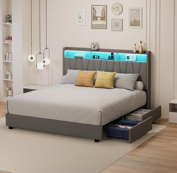 King Size Bed Frame, Velvet Upholstered LED Platform Bed with Headboard Storage, Bed Frame King Built-in Charging Station with 4 Drawers, Wood Slat Support, No Box Spring Needed, Grey