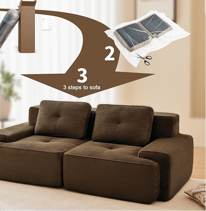 80" Modern Compressed Boneless Love Seat Couches, 2 Seater Large Sectional Couches for Living Room, Brown Corduroy Cloud Modular Sectional Sofa, Memory Foam, Extra Deep Loveseat, No Assembly