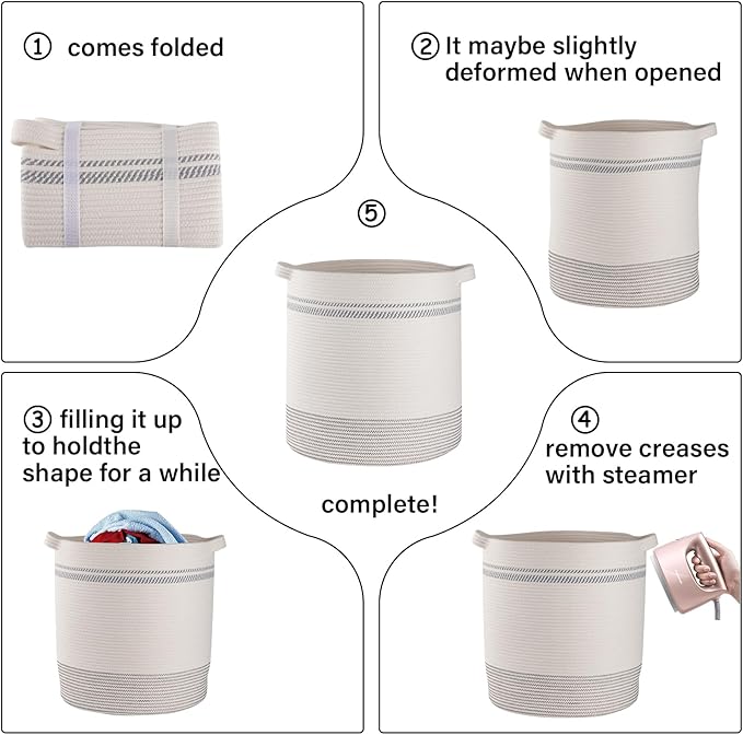 OIAHOMY 80L Laundry Basket, Laundry Hamper, Cotton Rope Storage Basket with Handles, Decorative Woven Basket for Living Room,Storage Baskets for Clothes, Blankets, and Toys -20''×18'', White&Gray
