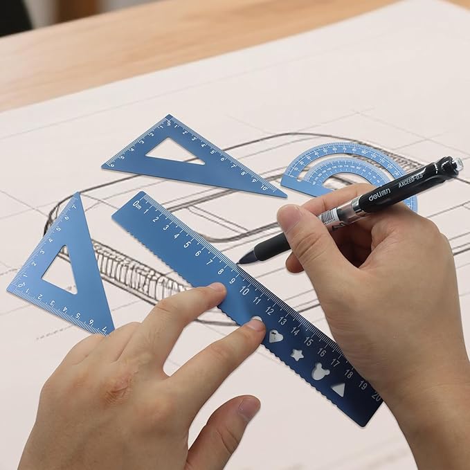 5-Piece Metal Geometry Set, Aluminum Ruler Drafting Kit Protractor & Triangular Rulers Precision for Engineers, Students, Math Measurement Tools(Blue)