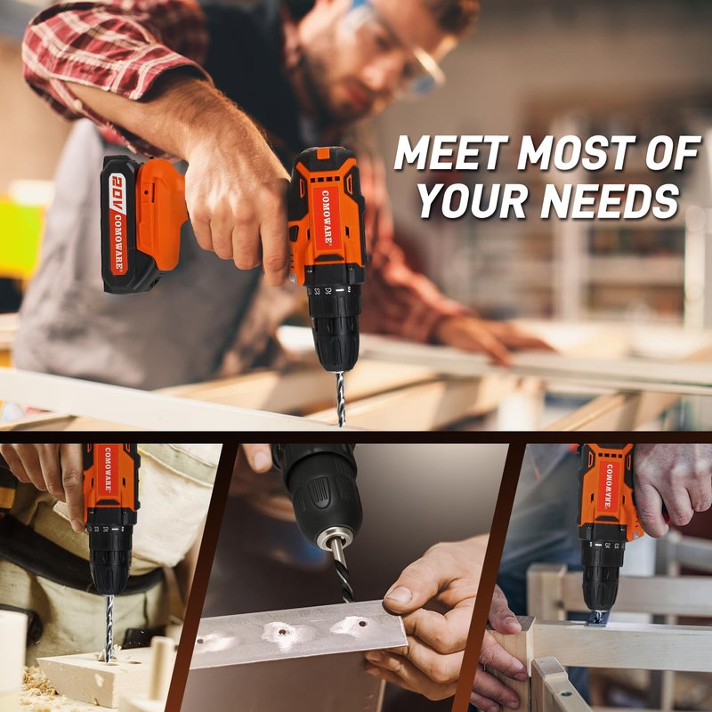 COMOWARE Household Tool Set with 20V Cordless Drill Driver, 120Pcs Hand Tool Kit for Men, Power Drill Set with Plastic Toolbox, Ideal for Office, Garden, DIY Project