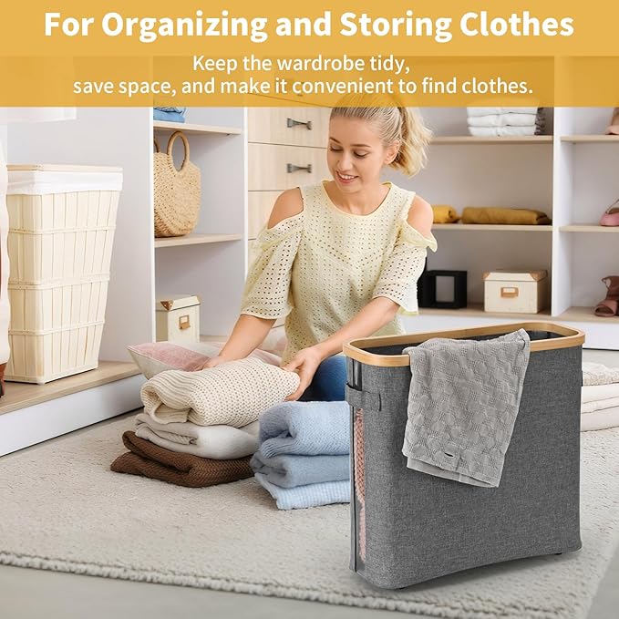 32L Bathroom Toilet Paper Storage Basket with Lid and Handle - Mega Capacity, Bamboo Collapsible Toilet Paper Holder Storage with Non-Slip Bottom, Extra Toilet Roll Storage, Elegant Gray,1 Pack