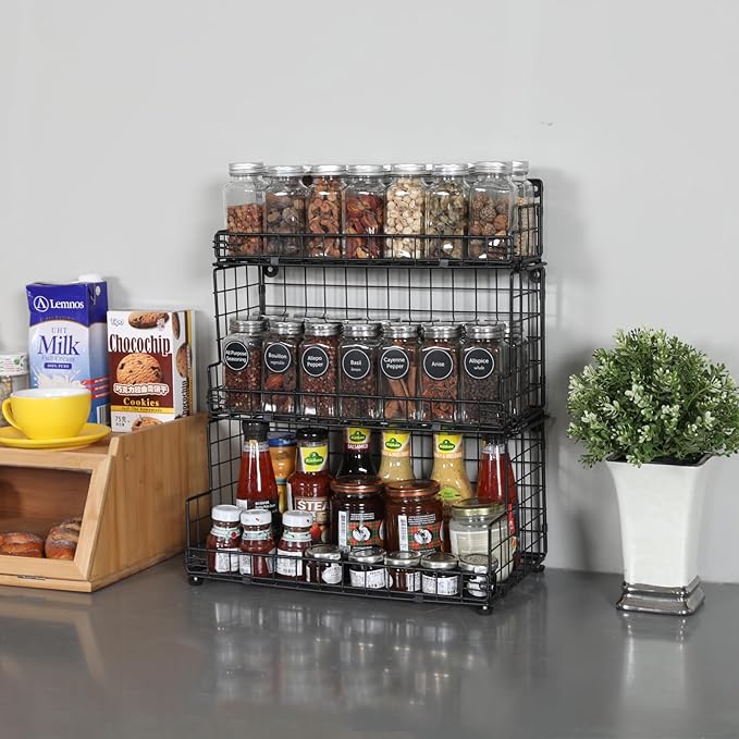 X-cosrack Stackable Wire Basket 3 Tier Countertop& Wall Mounted Metal Storage Basket for Kitchen Pantry Cabinet, Muti-functional Open Front Bin Organizer for Food Fruit Snack, Black