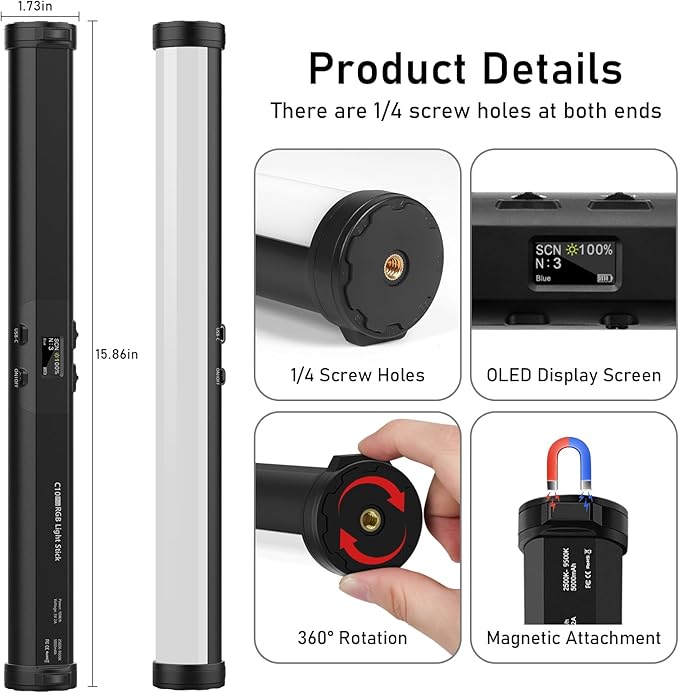 360° Full Color RGB Led Video Light Stick Wand, Unicucp 2600-9600K Photography Lighting 5000mAh Rechargeable, 21 Lights Effects for YouTube Video Recording/Studio Shooting/Live Streaming/Make up