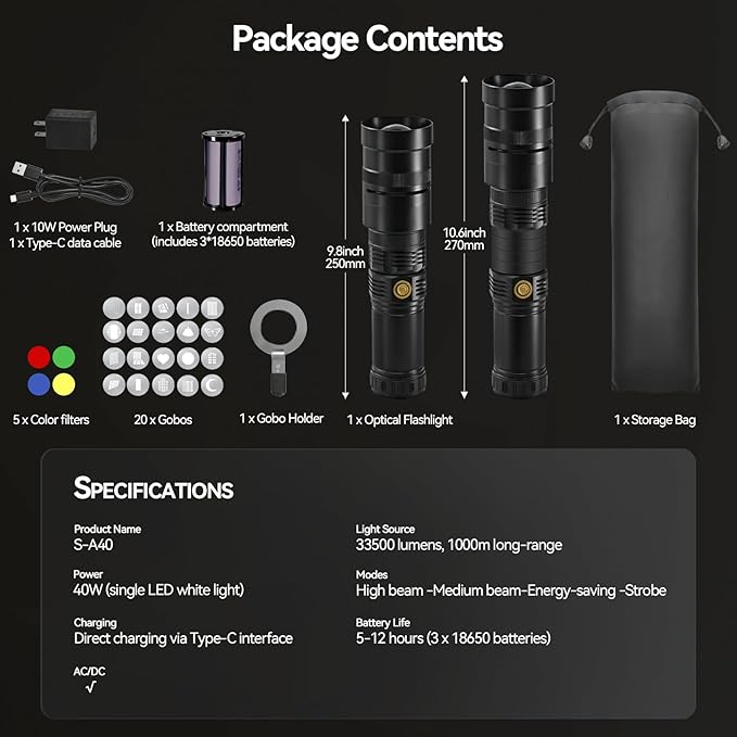 WELLMAKING 40W LED Photography Flashlight Optical Glass Lenses, 7800mAh Aluminum Alloy Patterned Ambient Light, with 20 Patterned Light Filters for Photo, Content Creation Video Recording Accessorie