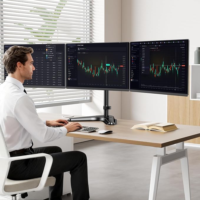 Triple Monitor Stand, Heavy Fully Adjustable Motion Mount Fits 3 Screens up to 27 inche, Free Standing Desk Stand with Base and Cable Management, 22 lbs Weight Capacity per Arm, Black
