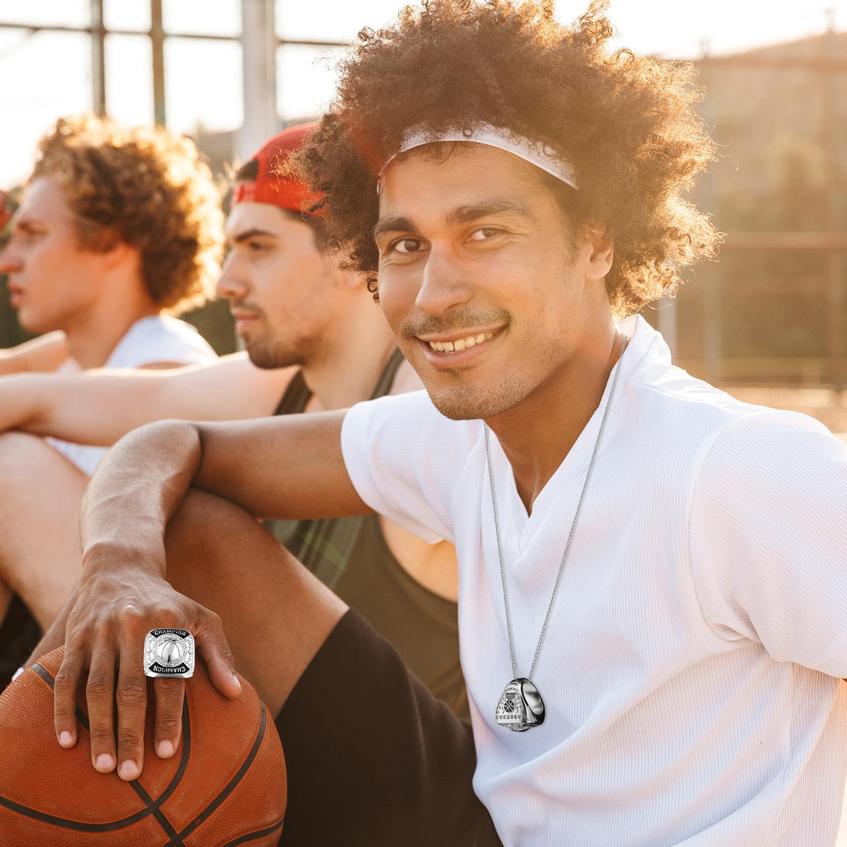 Remuuly 6 Pcs Basketball Championship Rings Basketball Champion Trophy Rings Award Gift Prize with Display Neck Chain and Stand for Tournament or Champion Winner(Gold)