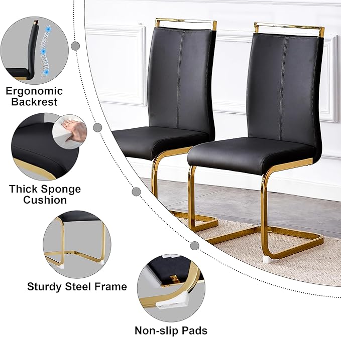 71" Dining Table Set for 8, Black Faux Marble Dining Room Table Set for 8, Large Rectangular Kitchen Table Set and PU Leather Chairs,Tempered Glass Glossy Table with Golden Leg