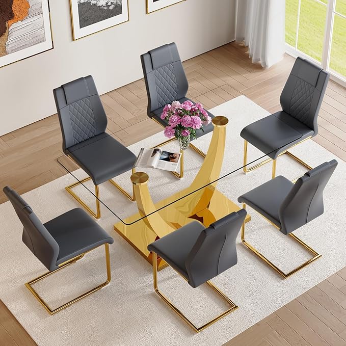 AZmac 63" Glass Dining Table Set for 6,Luxury Gold Dining Room Set with Stainless Steel Pedestal, Rectangular Tempered Glass Kitchen Table with PU Leather Chairs, for Kitchen Apartment