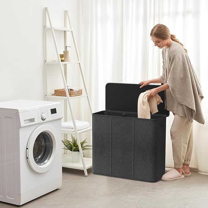 Lifewit Triple Laundry Hamper with Lid and Removable Laundry Bags, Large Collapsible 3 Dividers Dirty Clothes Basket with Handles for Bedroom, Laundry Room, Closet, Bathroom, College, 180L Dark Gray