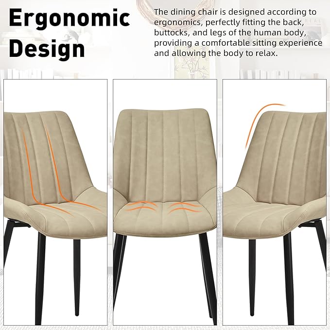 Dining Chairs Set of 2, Faux Leather Modern Linear Design Dining Chair with Metal Legs, 16.9" Seat Width Chair for Kitchen, Lounge, Reception Room, Restaurant, Commercial (Beige)