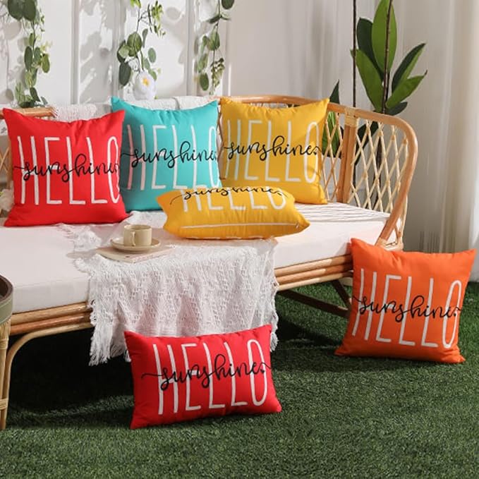 DFXSZ Outdoor Pillow Covers 20x20 Inch Set of 2 Hello Sunshine Decor Blue Green Waterproof Throw Pillow Covers Summer Outdoor Waterproof Pillow covers Decor for Patio Funiture Garden Sofa Couch 020D20