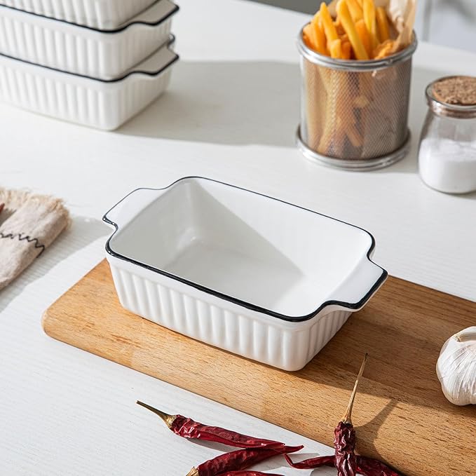 DLIM HOME 12 Oz Casserole Dish, Ceramic Baking Dishes Sets of 4, Small Casserole Dish with Handle, Porcelain Bakeware Sets, 5" Rectangular Baking Serving Dish for Casserole, Cakes, Dishwasher Oven Safe