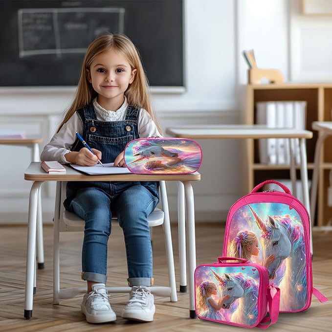 Unicorn Girl Backpack Set 3 Piece School Bags and Lunch Box with Pencil Case Unicorn Bookbag Set for Toddler Kids Girls Boys Teens Kindergarten Elementary Middle