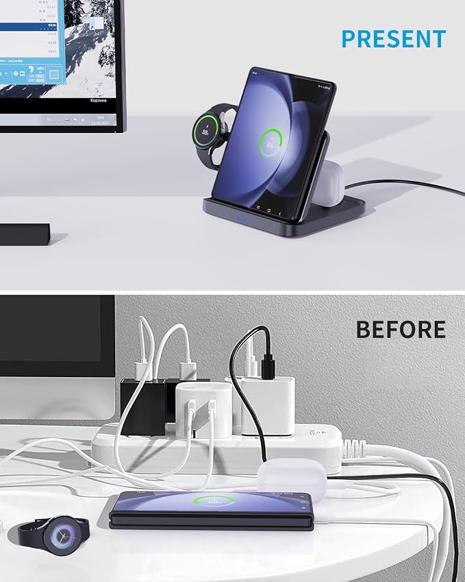 Wireless Charger Station for Samsung Z Fold 7/6/5 ANPULES 3 in 1 Foldable Fast Wireless Charging Stand Dock for Galaxy Z Fold4/Flip 6/5 Wireless Charger for Watch 6/6 Classic Buds 2/Pro/Live