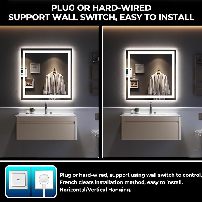 YEELAIT 36x36 Inch LED Bathroom Mirror with Lights Front and Backlit Lighted Vanity Mirror for Bathroom Wall with 3 Colors Dimmable Anti-Fog Memory Shatter-Proof IP54 Waterproof Horizontal/Vertical