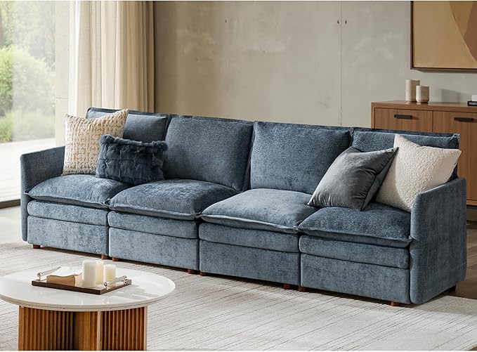 HULALA HOME 128'' Oversized Modular Sectional Sofa with Dual-Layered Cushions, 4 Seater Sofa with Storage Ottoman and Removable Cover, Modern Deep Seat Cloud Couch for Living Room, Blue