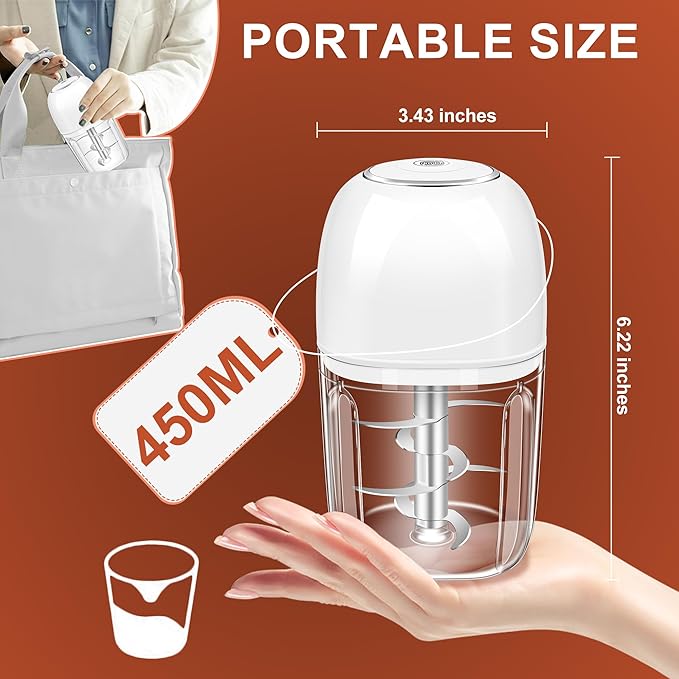 450ML (1.8 Cup) Electric Garlic Chopper, Mini Portable Food Processor