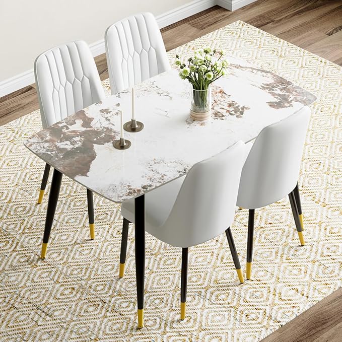 Small Dining Table Set for 4, 50'' Sintered Stone Dining Table with 4 Chairs, Easy to Assemble, Suitable for Small Spaces