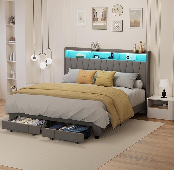 King Size Bed Frame, Velvet Upholstered LED Platform Bed with Headboard Storage, King Bed Frame Built-in Charging Station with 2 Drawers, Wood Slat Support, No Box Spring Needed, Grey