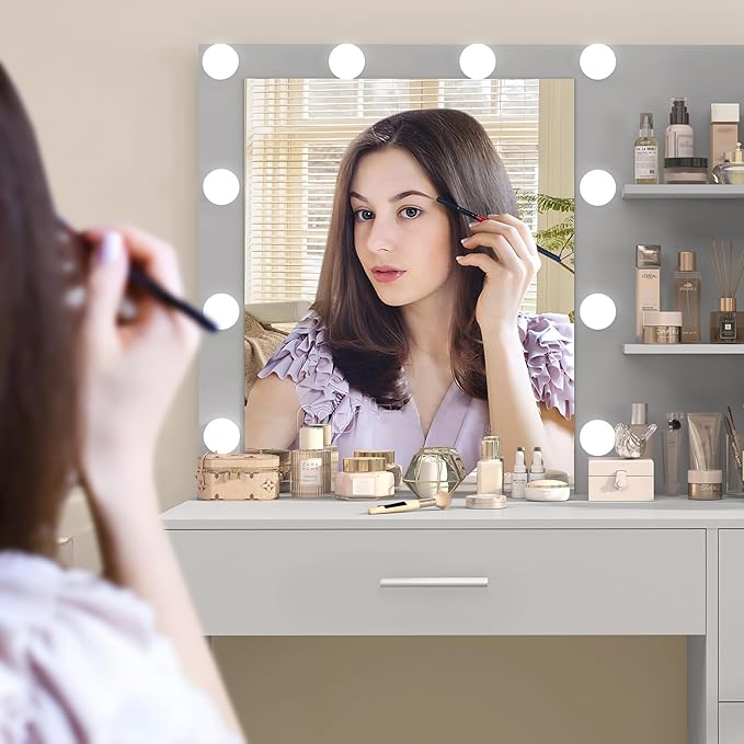 usikey Makeup Vanity with Lights, Vanity Desk with Mirror and 10 LED Lights, Vanity Table Set with 4 Drawers, Cabinet & 4 Necklace Hooks, Dressing Table for Bedroom, Grey