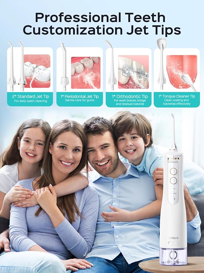 COSLUS Portable Water Flosser for Teeth: 10 Pressure Settings Professional Water Dental Pick for Orthodontic, Braces & Sensitive Gums - Cordless for Travel Use, for Adults Teens, BPA-Free, E40