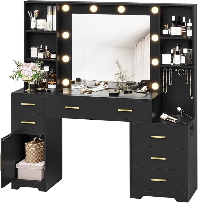 Hasuit 48.8'' Large Vanity Desk with Lighted Mirror & Power Outlet, Black Makeup Vanity Table with 6 Drawers, 4 Shelves and 1 Storage Cabinet, Glass Tabletop Bedroom Dressing Table, 3 Lighting Modes