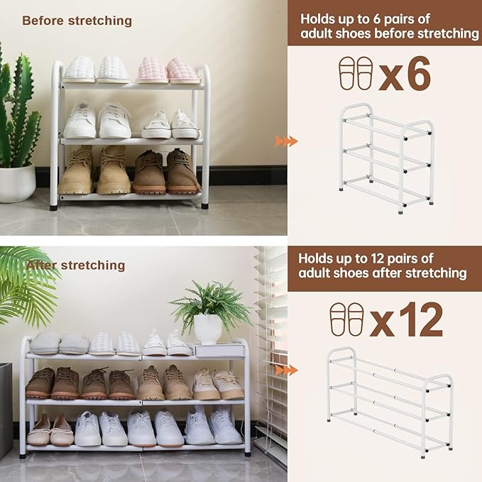 Gonfoam 3-Tier Expandable Shoe Rack,Adjustable Shoe Shelf Storage Organizer Heavy Duty Metal Free Standing Shoe Rack for Entryway Closet Doorway (White)