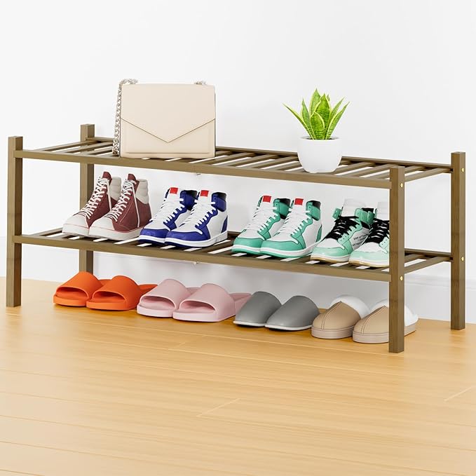 Smiry Shoe Rack, 2 Tier Thick Long Bamboo Shoe Organizer, Stackable Free Standing Wooden Shoe Storage Shelf for Closet, Entryway, Front Door Entrance, Walnut