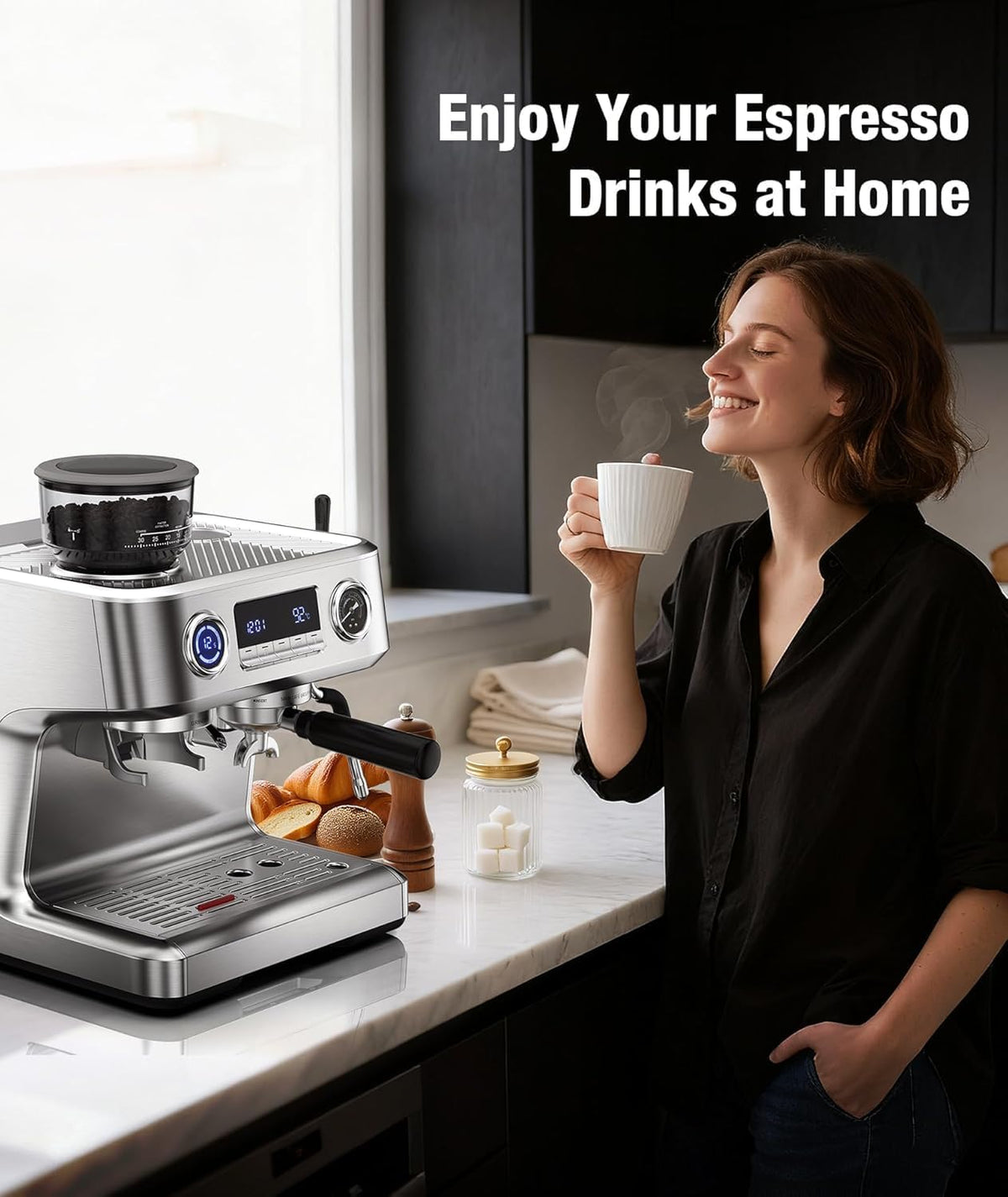 Kndko 20 Bar Espresso Machines with Grinder, Double Boiler Espresso Maker with Milk Frother Steam Wand, Programmable Coffee Maker for Home Cappuccino Latte & Americano