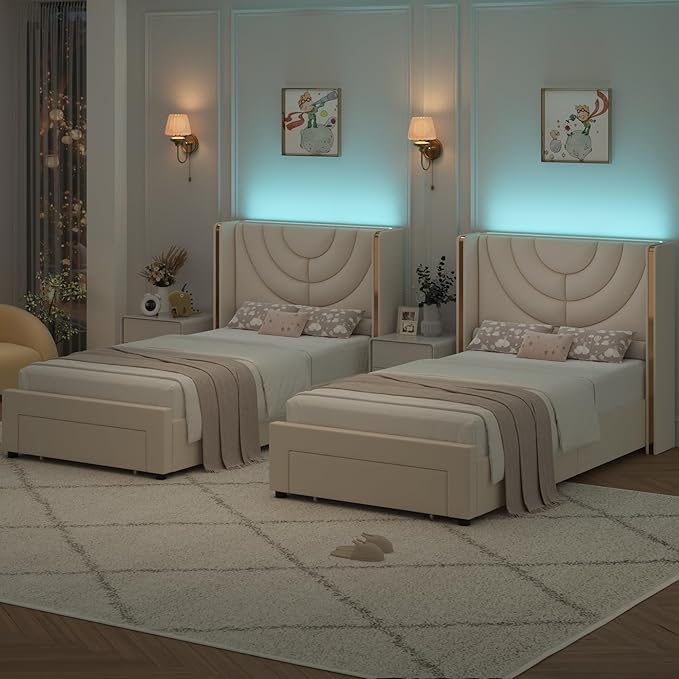 HITHOS Twin Upholstered LED Bed Frame with Storage Drawer, Velvet Kids Bed with Wingback Headboard, Princess Twin Platform Bed for Girls/Kids, Solid Wood Slats Support, No Box Spring Needed, Beige