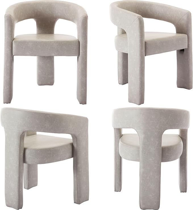 Set of 3 Modern PU Leather Upholstered Dining Chairs with Open-Back, Cute Barrel Side Chairs Kitchen Armchair Accent Chairs for Dining Room Bedroom, Grey