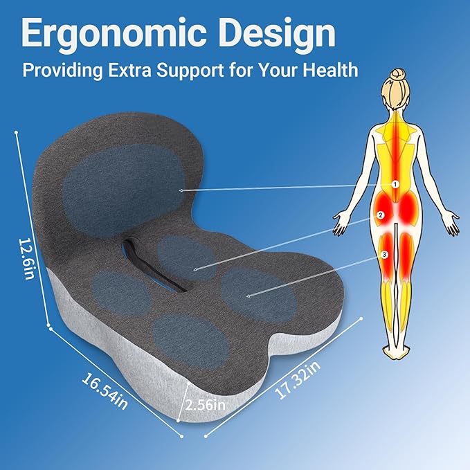 Memory Foam Seat Cushion,Office Chair Cushion with Lumbar Support for Back Pressure Relief, Car Seat Cushion with Adjustable Strap,Sciatica Pad Cushions for Car,Truck, Desk,Gaming Chair