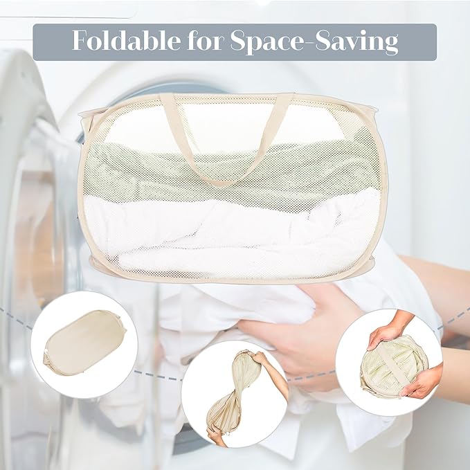 4 Pcs Durable Collapsible Laundry Baskets, Foldable Laundry Basket Large Opening, Pop Up Laundry Hamper with Pocket, Clothes Hamper with Handles for Laundry, Bathroom, Kids Room, Dorm or Trave