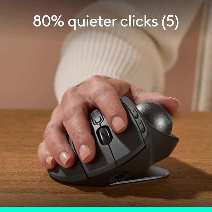 Logitech MX Ergo S Advanced Wireless Trackball Mouse, USB-C Rechargeable Wireless Ergonomic Mouse with Bluetooth and Encrypted Dongle, 6 Programmable Buttons, for PC/Mac