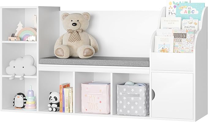 MU Kids Bookshelf with Reading Nook, Toddler Bookcase Bench with Seat Cushion and 7 Storage Cubbies, Kids Reading Nook for Boys & Girls, Toy Storage Bench Box for Bedroom, Playroom, Nursery, White