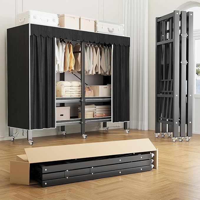 Heavy Duty Portable Closet with Cover 1200Ibs Foldable Covered Clothes Rack for Hanging Clothes Armoire Wardrobe Closet System Freestanding Coat Storage Garment Racks (150cm/59in(black))
