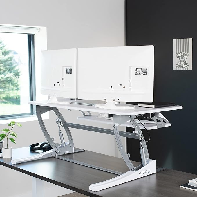 VIVO 42 inch Height Adjustable Stand Up Desk Converter, V Series, Quick Sit to Stand Tabletop Dual Monitor Riser Workstation, White, DESK-V000VLW