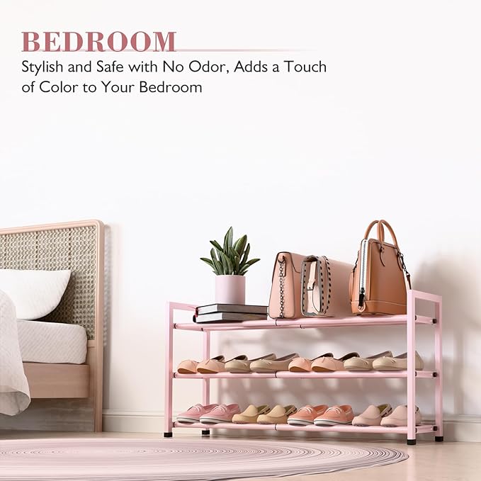 Bumusty 3-Tier Expandable Shoe Rack for Closet, 18“-33” Adjustable Shoe Rack for Small Space, Small Shoe Organizer for Front Door, Sturdy Metal, Pink