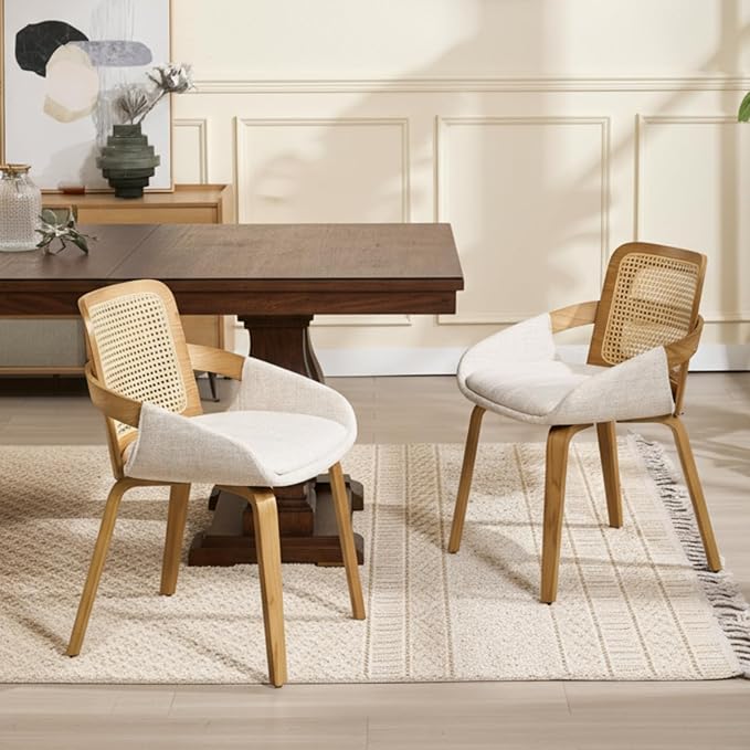 DUOMAY Modern Linen Dining Chairs Set of 2, Cane Back Room Chairs with Solid Wood Legs Kitchen Chairs for Living Room, Restaurant, Beige