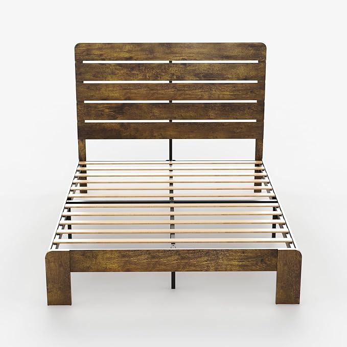 King Size Bed Frame with Wooden Headboard and Footboard, Rustic Platform Bedframe, Wood Slats Support, No Box Spring Needed, Under Bed Storage, Easy Assembly, Brown