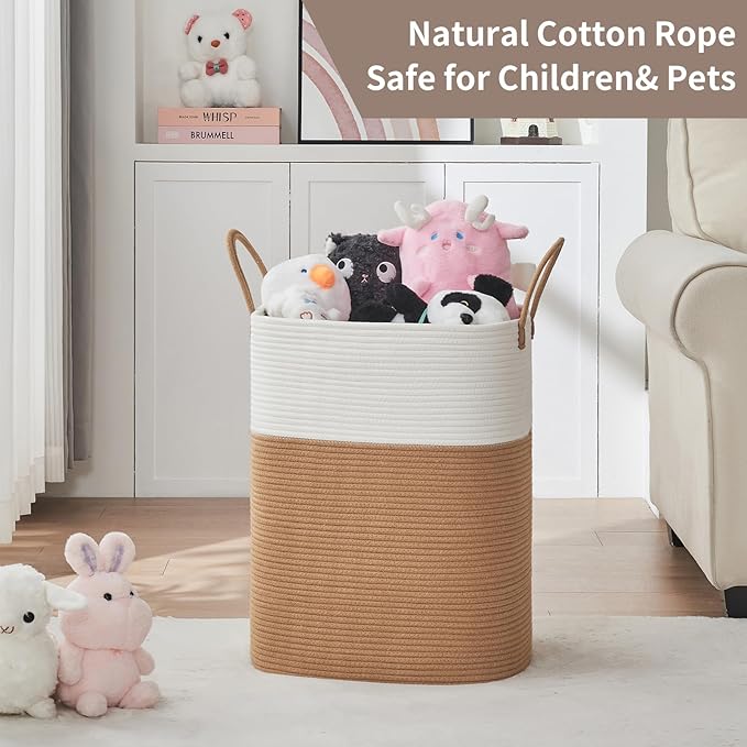 Laundry Basket with Handles - Blanket Basket & Hampers for Bedroom Aesthetic, Laundry Hamper & Blanket Storage for Living Room, Clothes Hamper, Tall, Large 17" x 14" x 22”, White & Jute